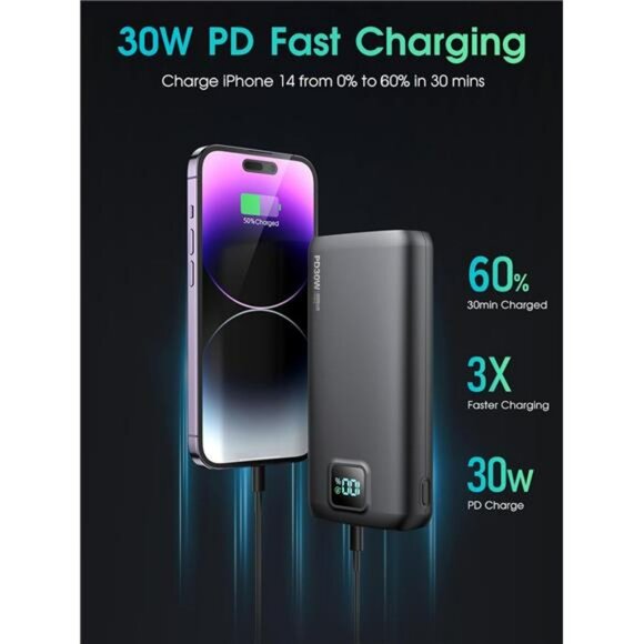 40000mAh portable power bank fast charge USB C LED display flashlight black - Picture 4 of 7